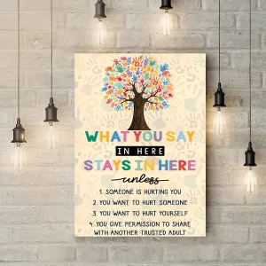 Teesdily | Autism Colorful Tree Hand Poster Canvas What You Say In Here Stays In Here Canvas Art Autism Awareness Wall Art Neurodiversity Sign