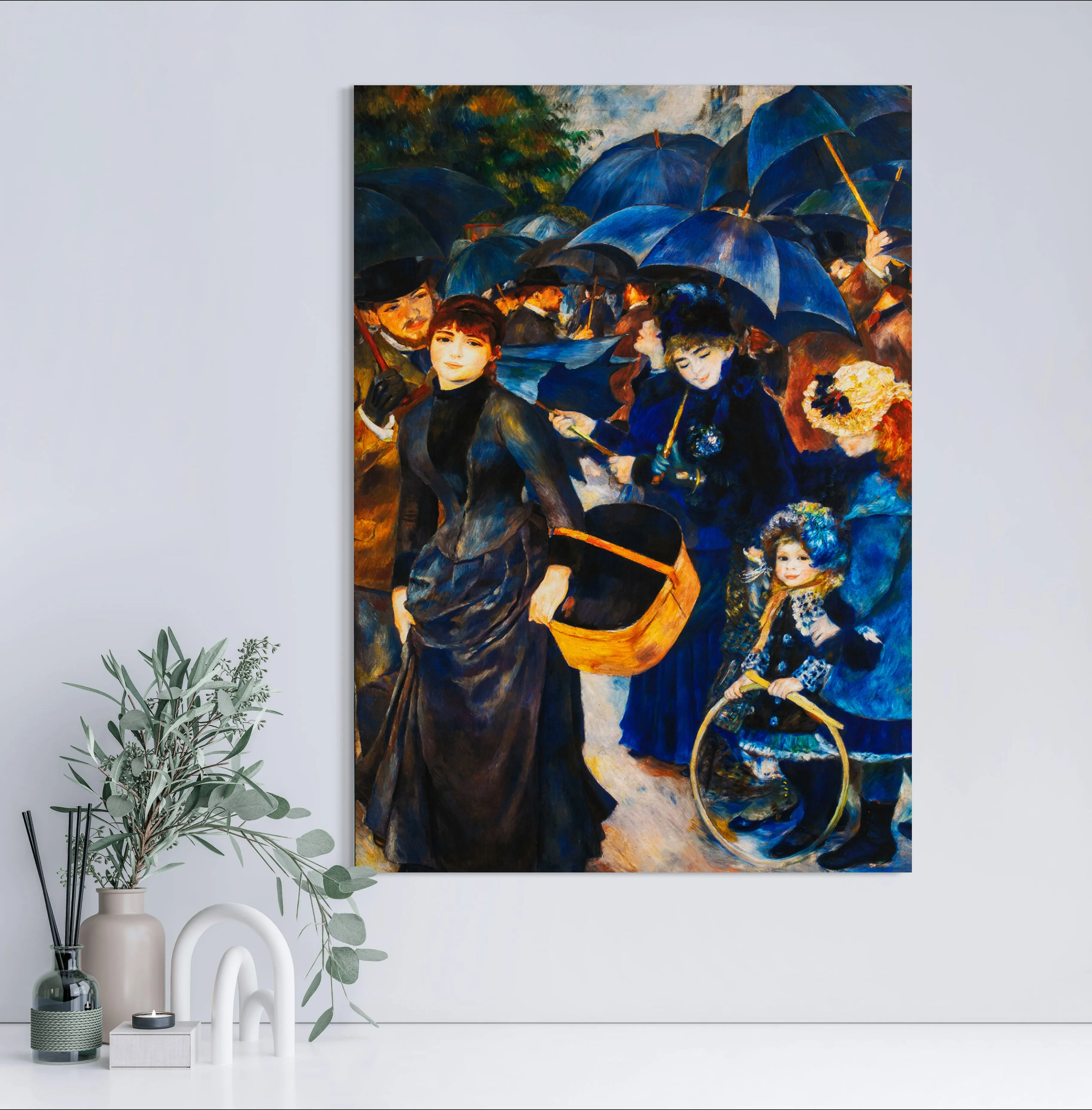 The Umbrellas - Painted by Pierre-Auguste Renoir  - Circa. 1880. High Quality Polyester Cotton Canvas Print. Rolled Canvas Available in 3 Sizes - Small, Medium, or Large. Stretched Canvas Option Available in One (1) Large Size - 70cm.