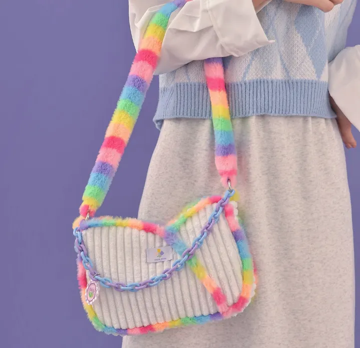 Tulip Plush Fluff Rainbow Pearl Silver Chain Cute Messenger Bag