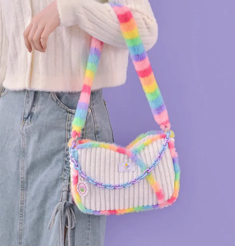 Tulip Plush Fluff Rainbow Pearl Silver Chain Cute Messenger Bag