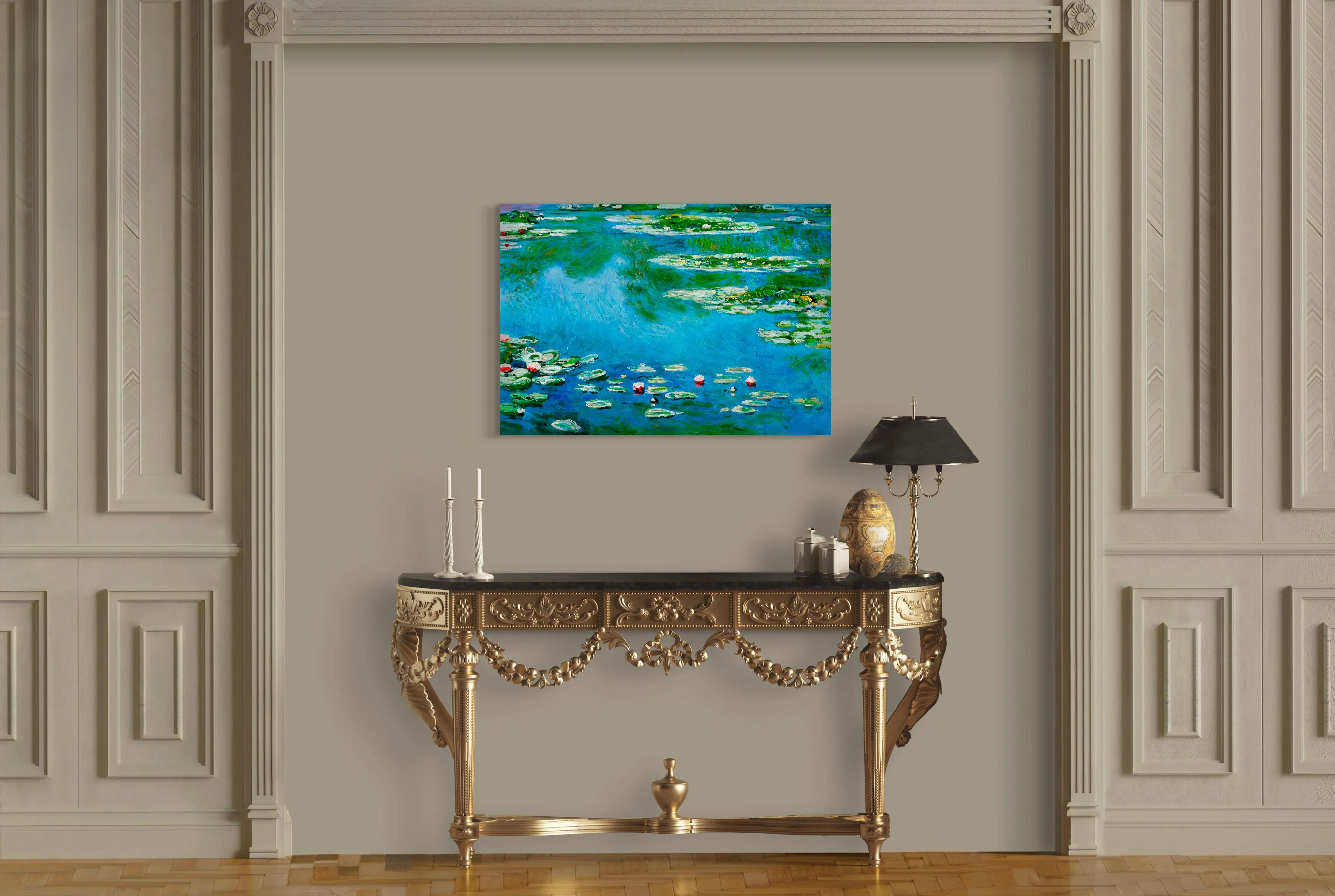 Water Lillies - Painted by Claude Monet - Circa. 1899. High Quality Polyester Cotton Canvas Print. Rolled Canvas Available in 3 Sizes - Small, Medium, or Large. Stretched Canvas Option Available in One (1) Large Size - 70cm x 100cm.