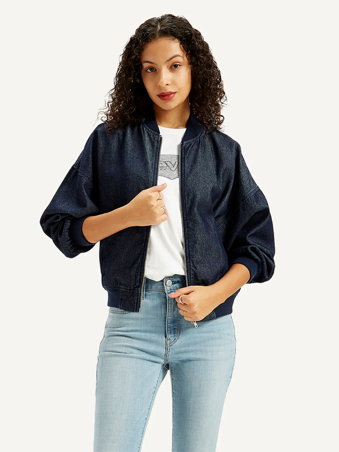 Women's Embroidered Navy Bomber Jacket