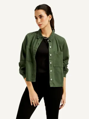 Women's Solid Olive Spread Collar Jacket