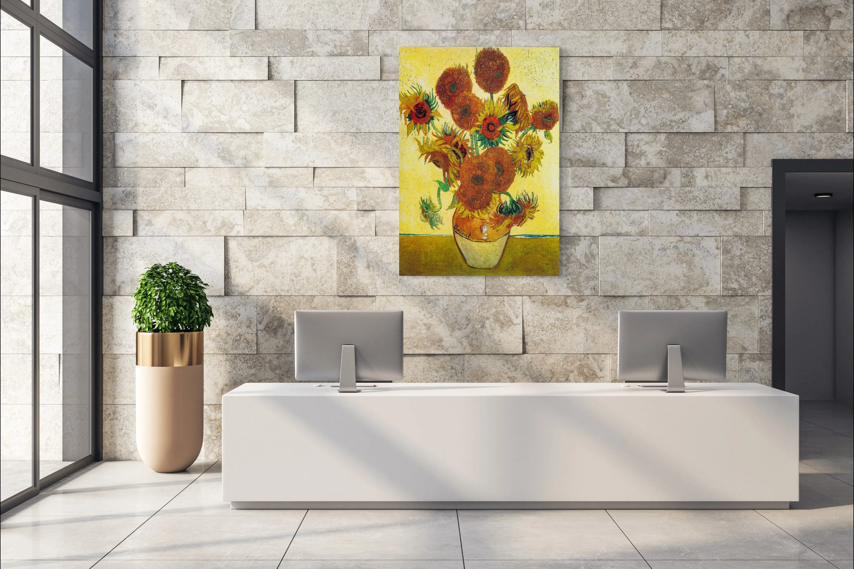 Yellow Sunflowers - Painted by Vincent Van-Gogh - Circa. 1888. High Quality Polyester Cotton Canvas Print. Ready to be Framed. Available in One Large Size. 70cm X 100cm. Stretched Canvas Option Available in One (1) Large Size - 70cm x 100.